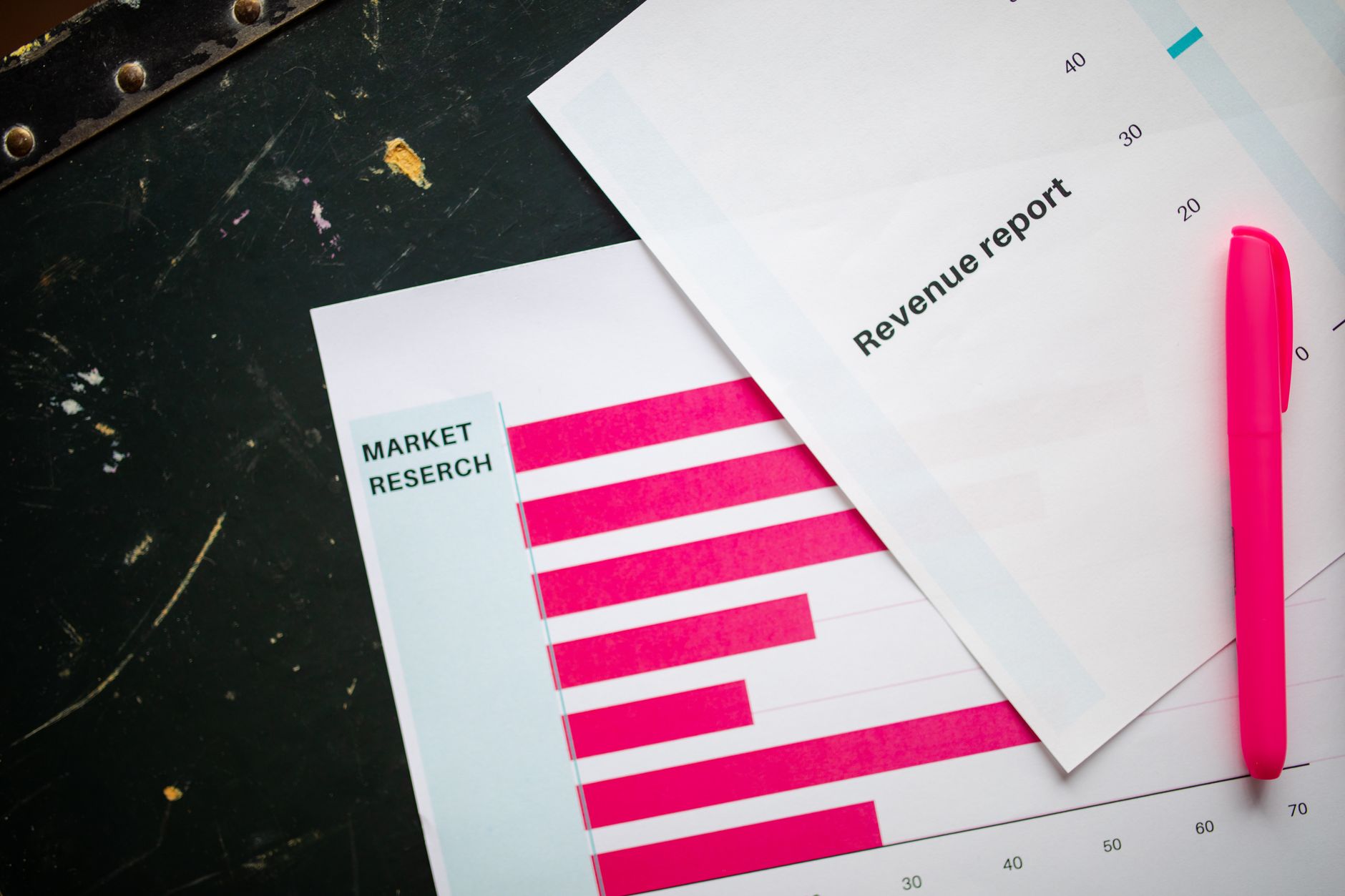Business Strategy, Business Plan, -Powered Business Insights, Business Advisor — Close-up of market research charts and a revenue report w