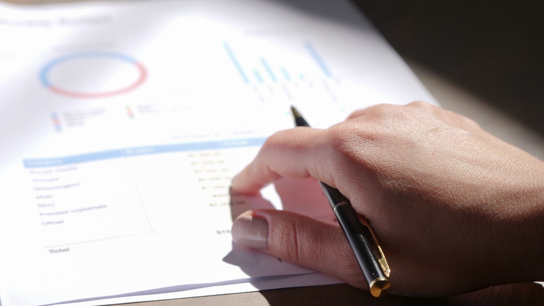 Finance, Financial Analysis, Financial Modeling, Scenario Modeling Finance, Fin — A close-up view of a hand holding a pen and examining fin