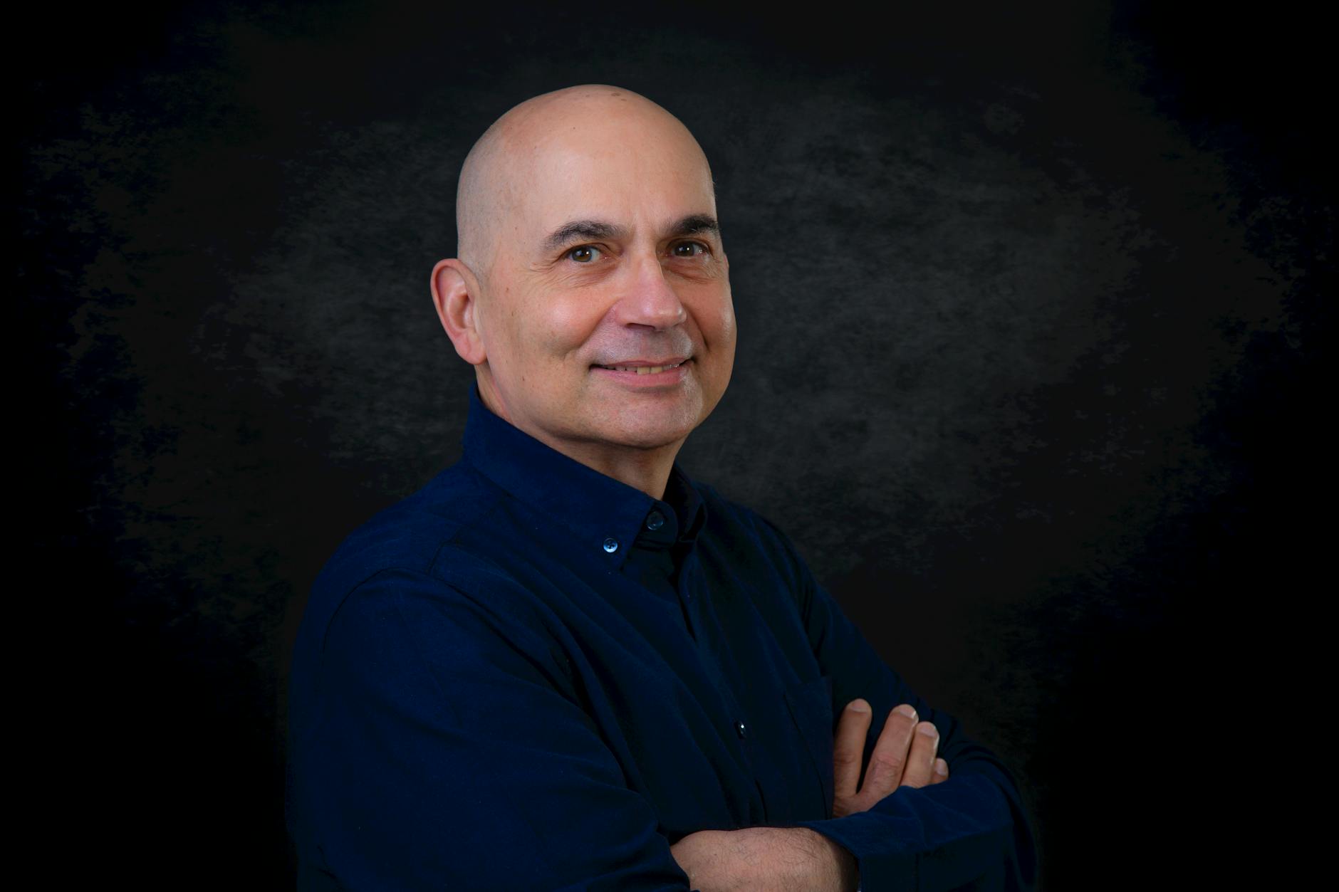 Headshot, Professional Headshot, Headshots, Business Headshot, Linkedin Heads — Bald man wearing a blue shirt, smiling confidently with c