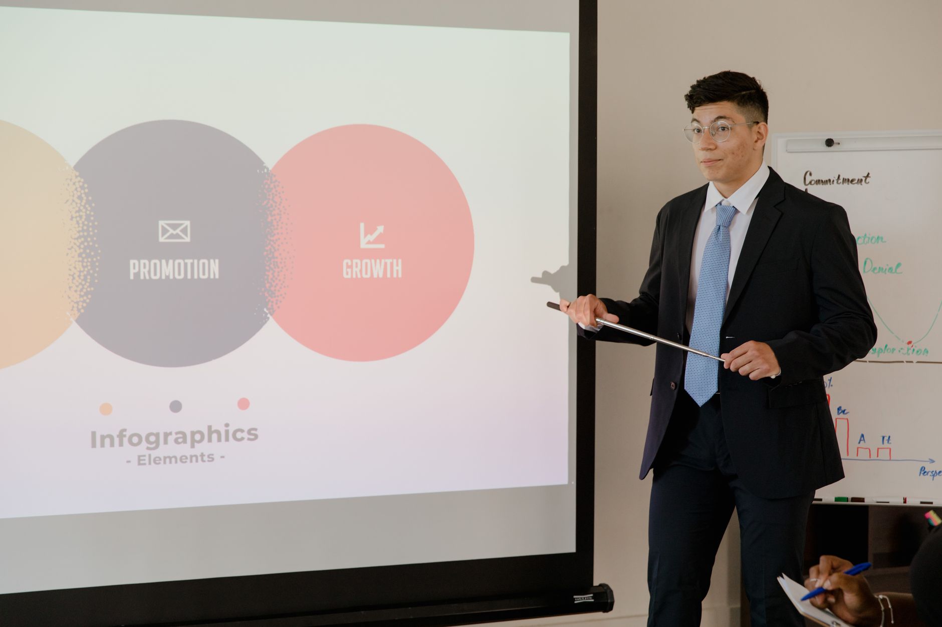 PowerPoint Presentation, Best For PowerPoint Slides, Presentation, -Powered Sl — Confident businessman presenting infographics on promotio