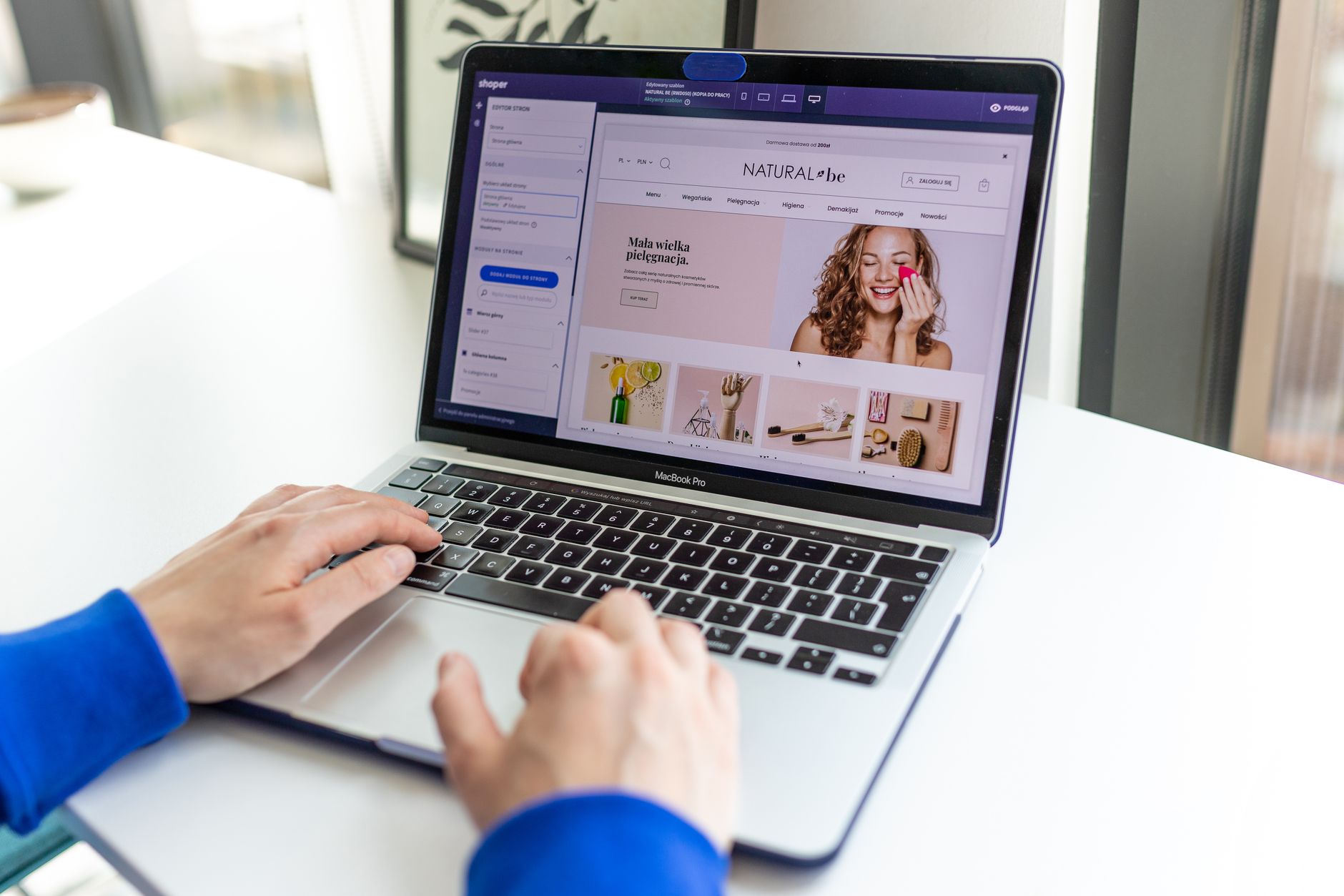 Product Description, Ecommerce Description Writer, Amazon Listing, Shopify Pro — Hands typing on a laptop with an e-commerce website open,