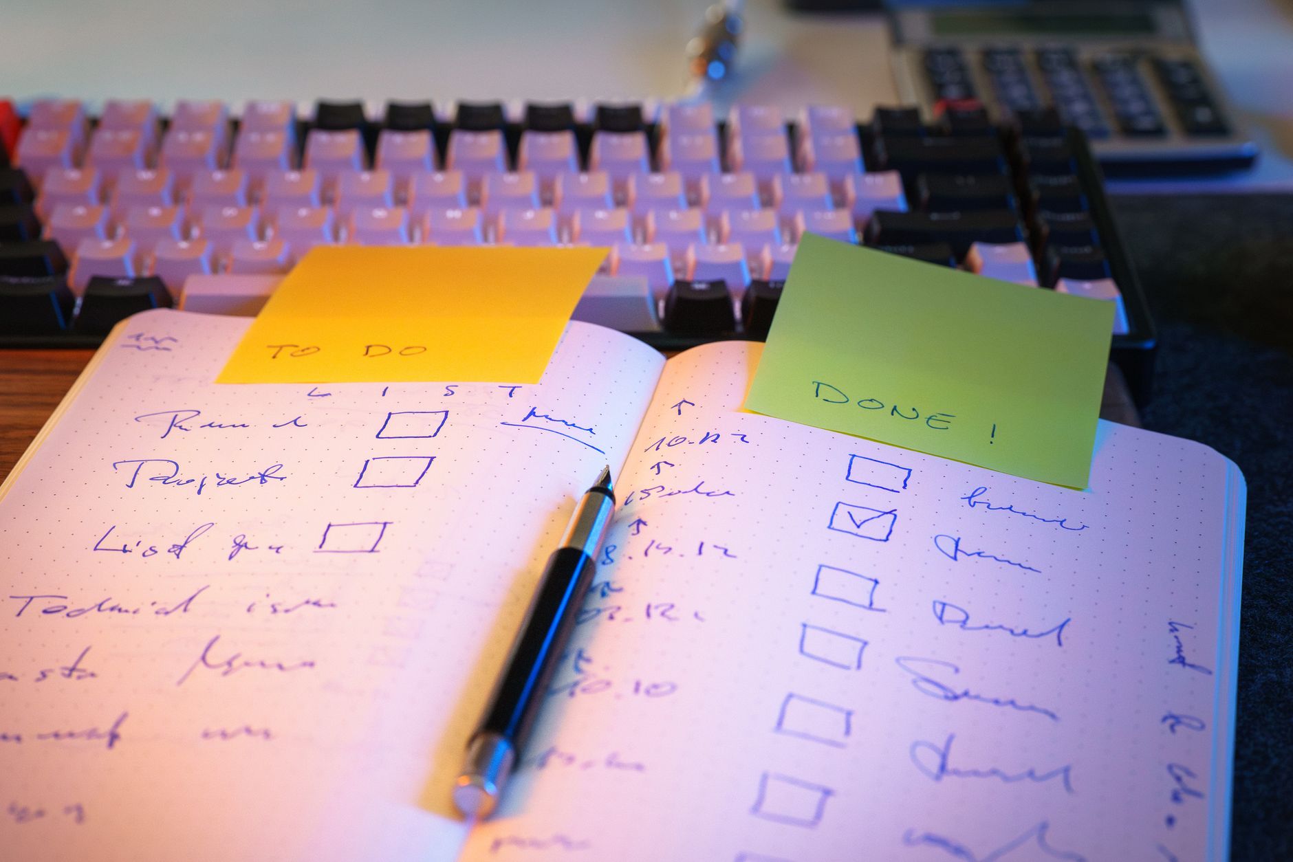 Productivity Tools, Task Management, Workflow Automation, Get More Done With, P — A to-do list and completed tasks in a notebook on an offi