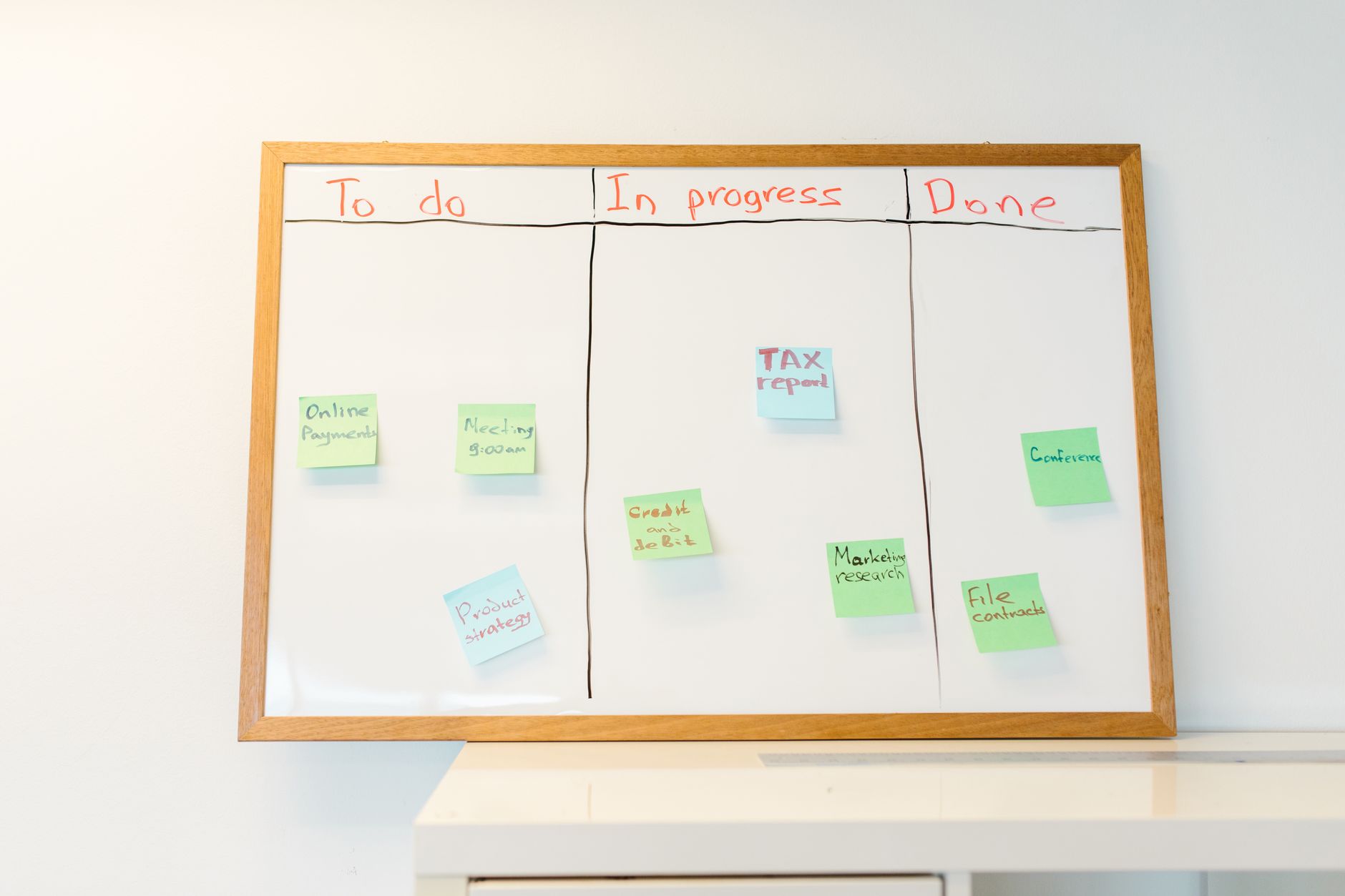 Productivity Tools, Task Management, Workflow Automation, Get More Done With, P — A whiteboard with colorful sticky notes organized into to