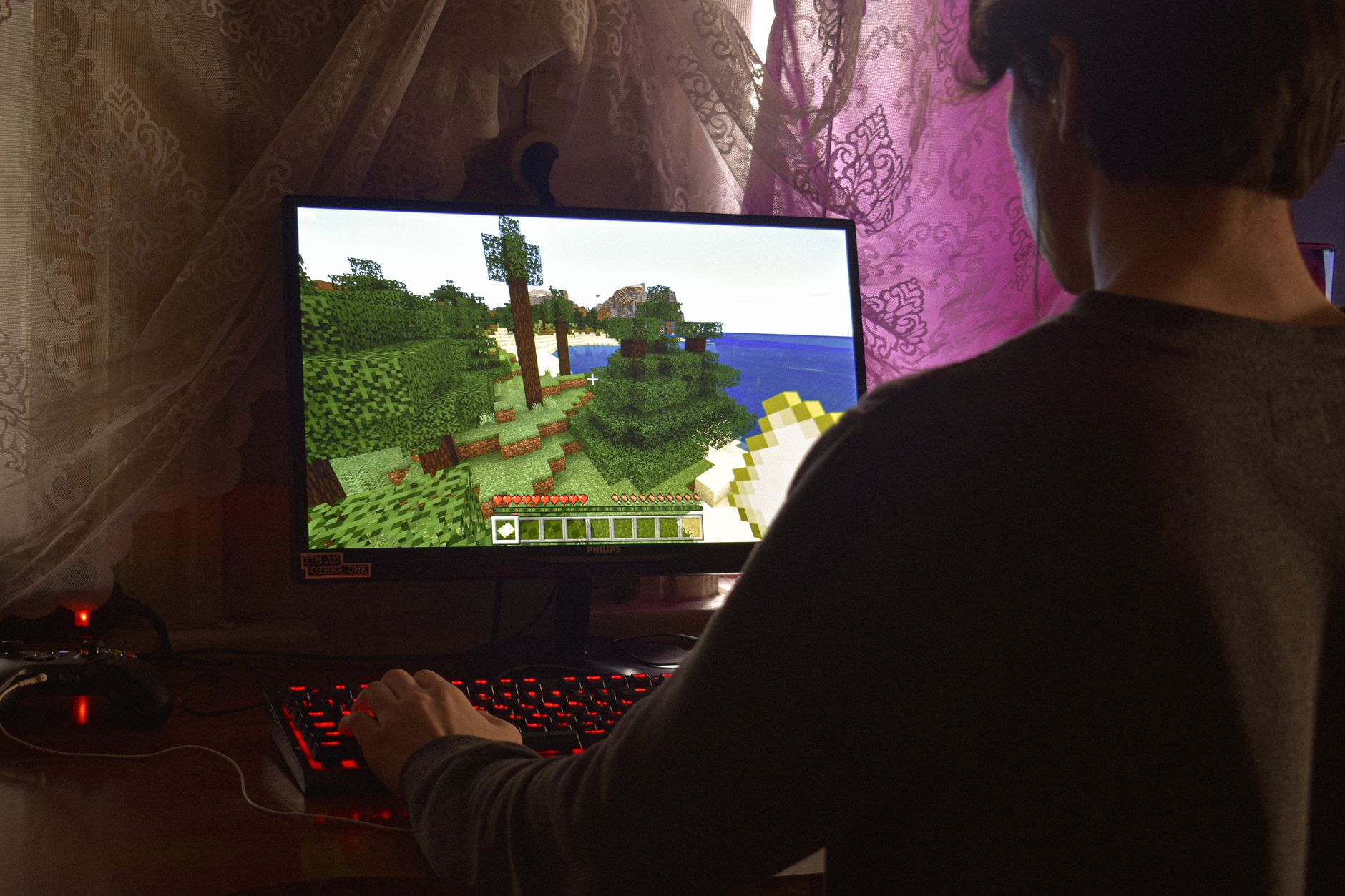 Seed Minecraft — A young man intensely playing a PC video game indoors. Capturing the essence of technology and concentration.