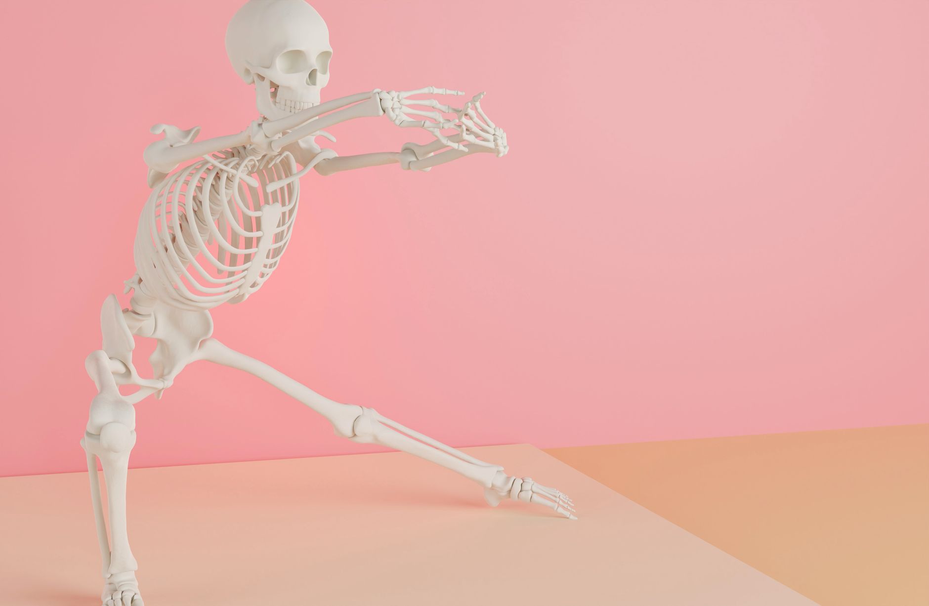 Skeleton Video,Skeleton Video, Skeleton Animation,Skeleton Tiktok Video,Skelet — A white skeleton model striking a dynamic pose on a pink 
