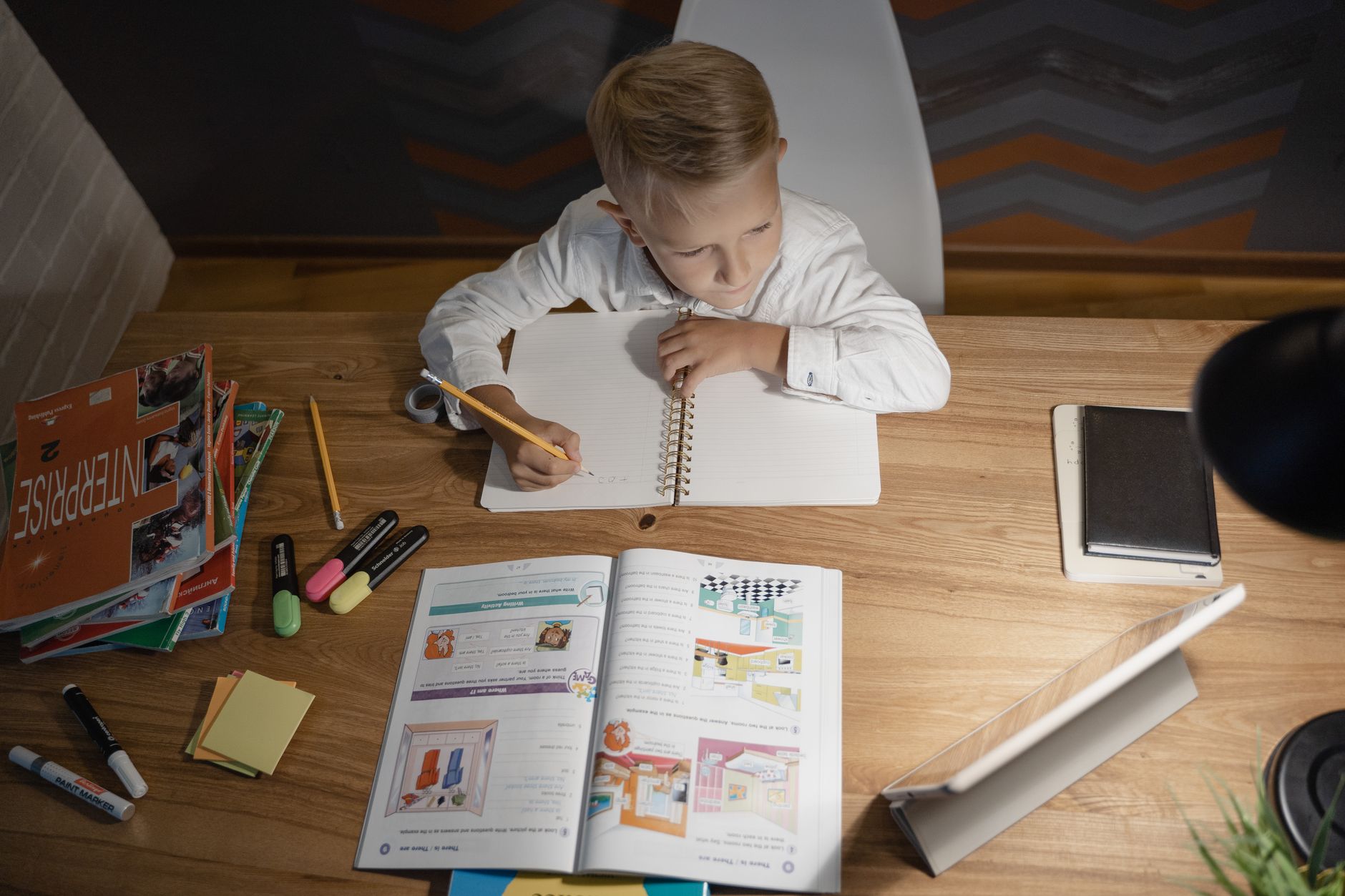 Study Helper, For Students, Study Companion, Homework Help, Study Smarter With, — A young boy studying at a desk with books and a tablet, h