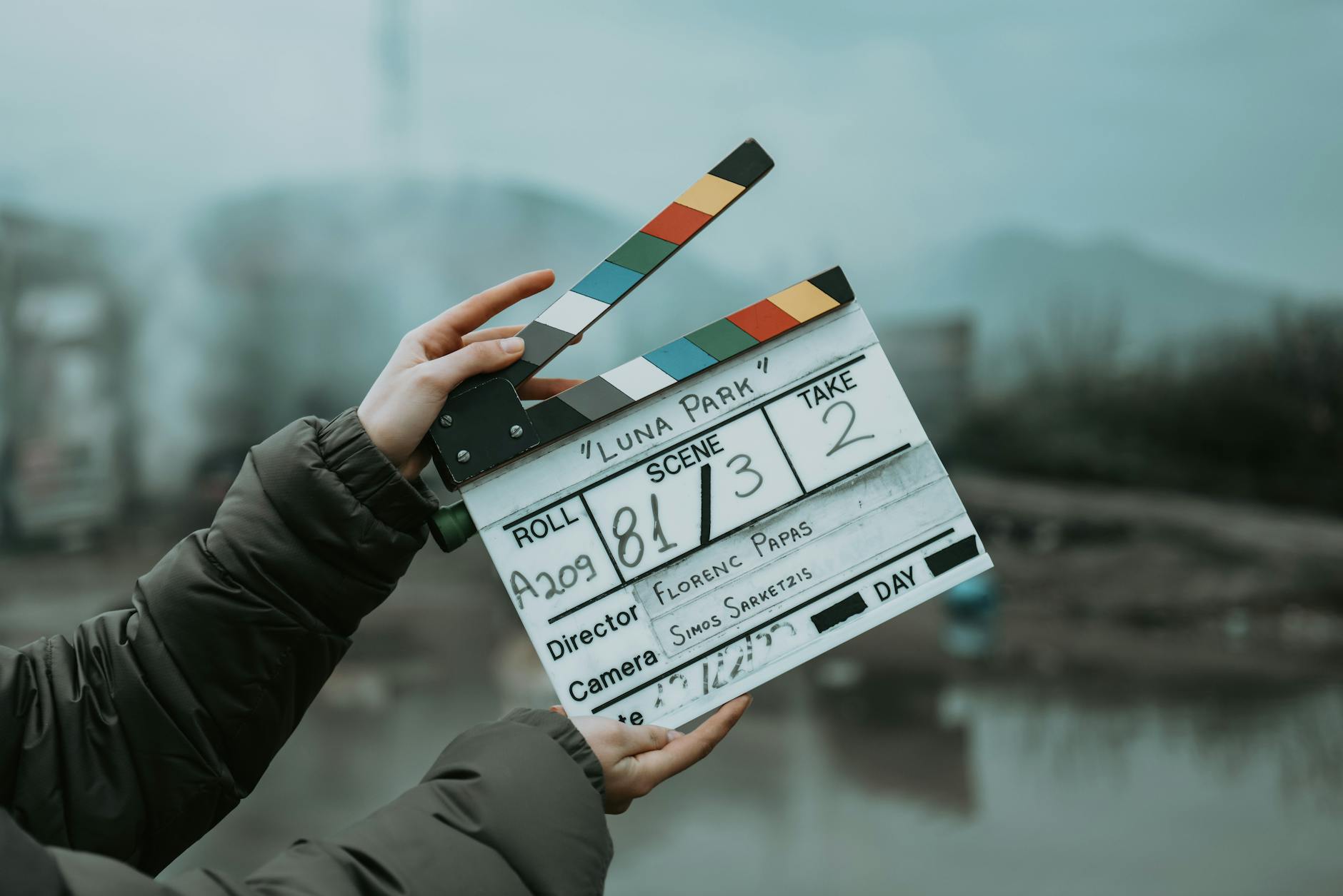Video, Text To Video, Video From Text, Generate Video From Text, Video, Text — Close-up of a film clapperboard on an outdoor set, signal