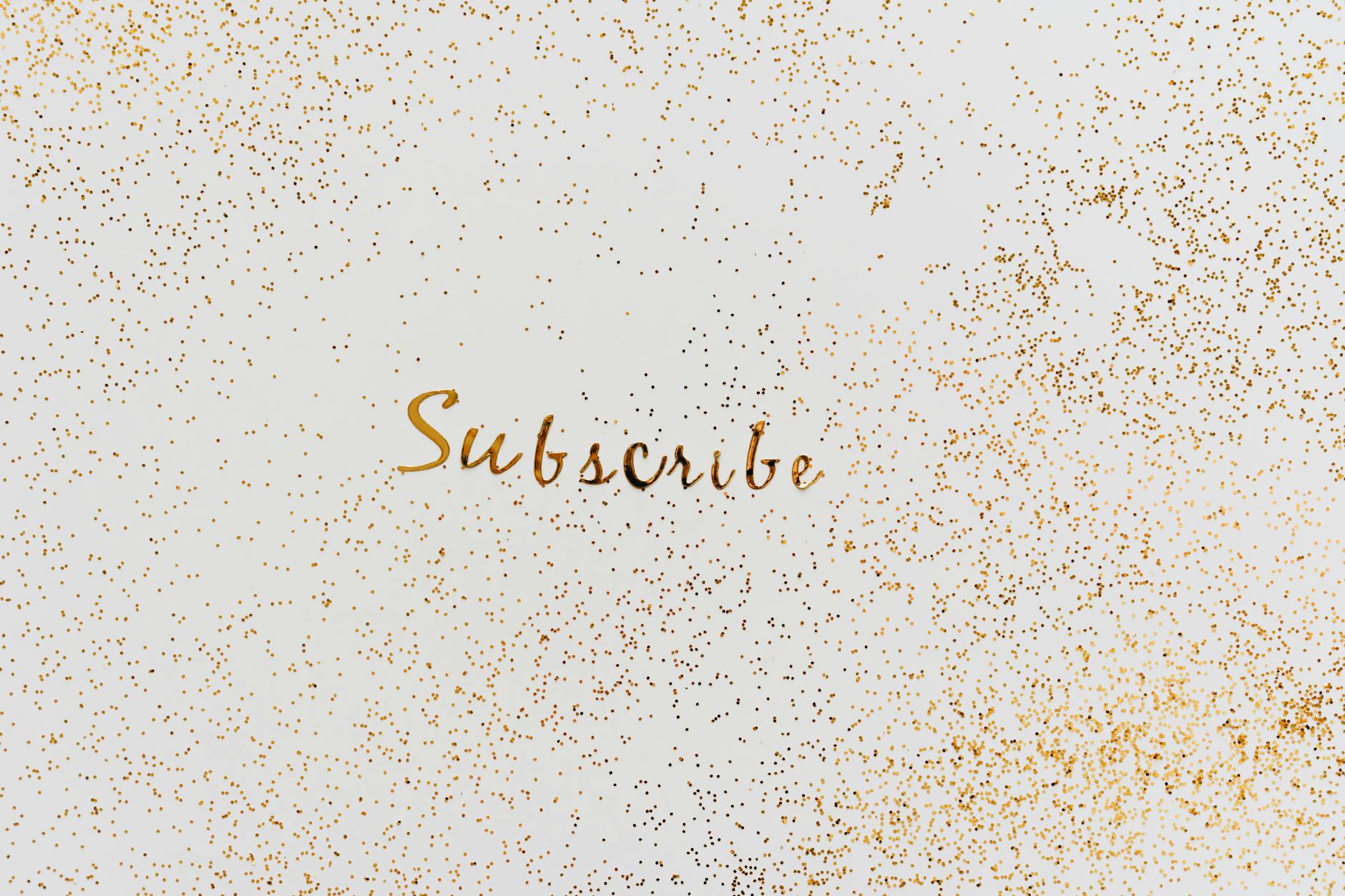 Video Title, Youtube Title, Clickbait Title, Video Title Ideas — Golden Subscribe text with charming glitter effect on a clean background