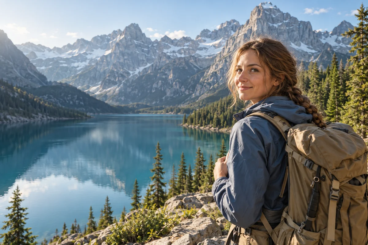 A cinematic travel concept with a hiker beside an alpine lake